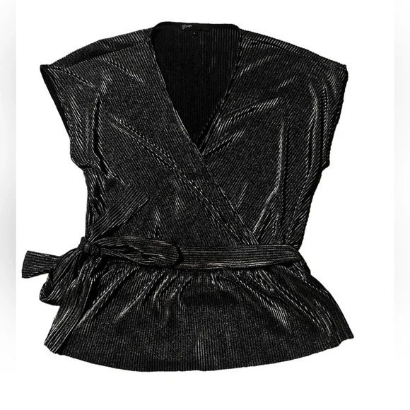 Gibson black shimmery v-neck faux wrap blouse size large excellent condition - Picture 1 of 2